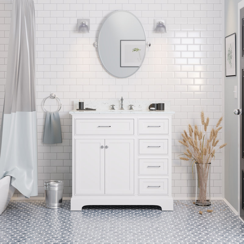 Ensemble de meuble-lavabo simple 36 po Ronnie, Blanc, Marbre d'ingénierie