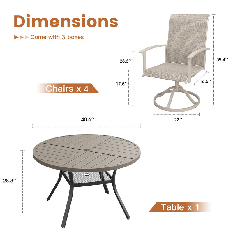 4-Person Patio Swivel Dining Set with 40.6" Round Dining Table and 4 Swivel Dining Chairs, Sandshell/Brush Wood Gray