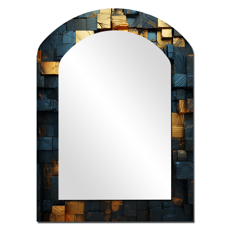 Grunge Gold Cubes Abstract Geometric V - Tile Asymmetrical Mirror, Gold Arch Unique Wall Mirror, Printed Metal Art, 34" x 25"