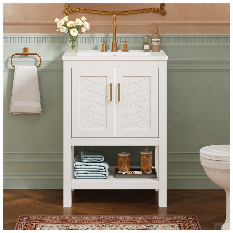 24" Modern Bathroom Vanity With Elegant Twill Design & Soft-Close Hinges, Bathroom Cabinet With Back Open Structure, Adjustable Shelf
