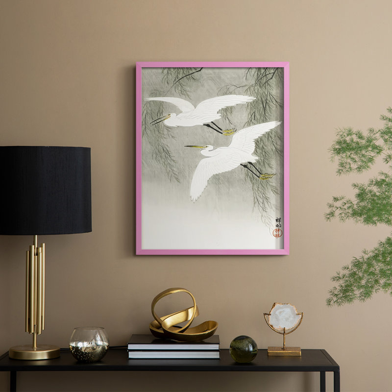«Koson's Flying Herons I», reproduction encadrée - bois massif, H 21 po x l 17 po, Rose
