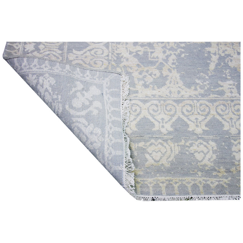 Tapis argent / bleu noué à la main de haute qualité, Rectangle 8 pi x 10 pi