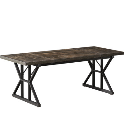 71 Inch Farmhouse Dining Table for 6, Rustic Rectangular Kitchen Table with X-Trestle Metal Legs, Durable Wood Top for Dining Room