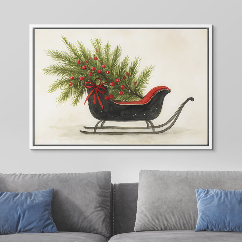«Festive Holly & Red Bow Sleigh Holiday», reproduction d'art sur toile encadrée dans la chambre principale, Blanc