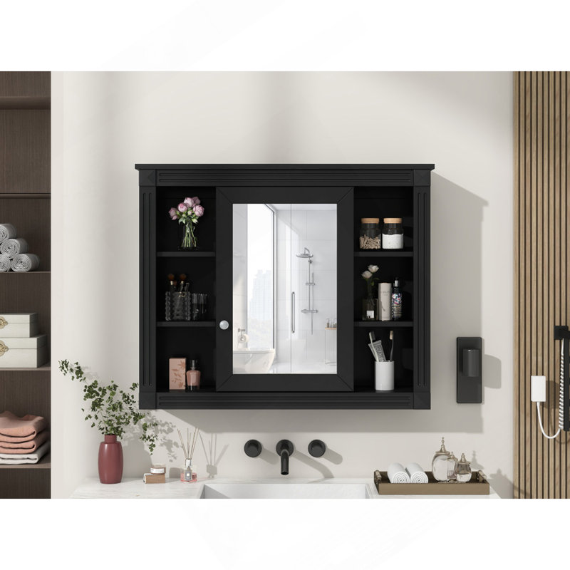 Armoire de rangement murale de salle de bain 35 po x 28 po, armoire à pharmacie, armoire murale moderne avec miroir, armoire à miroir avec 6 tablettes ouvertes (meuble-lavabo non inclus)