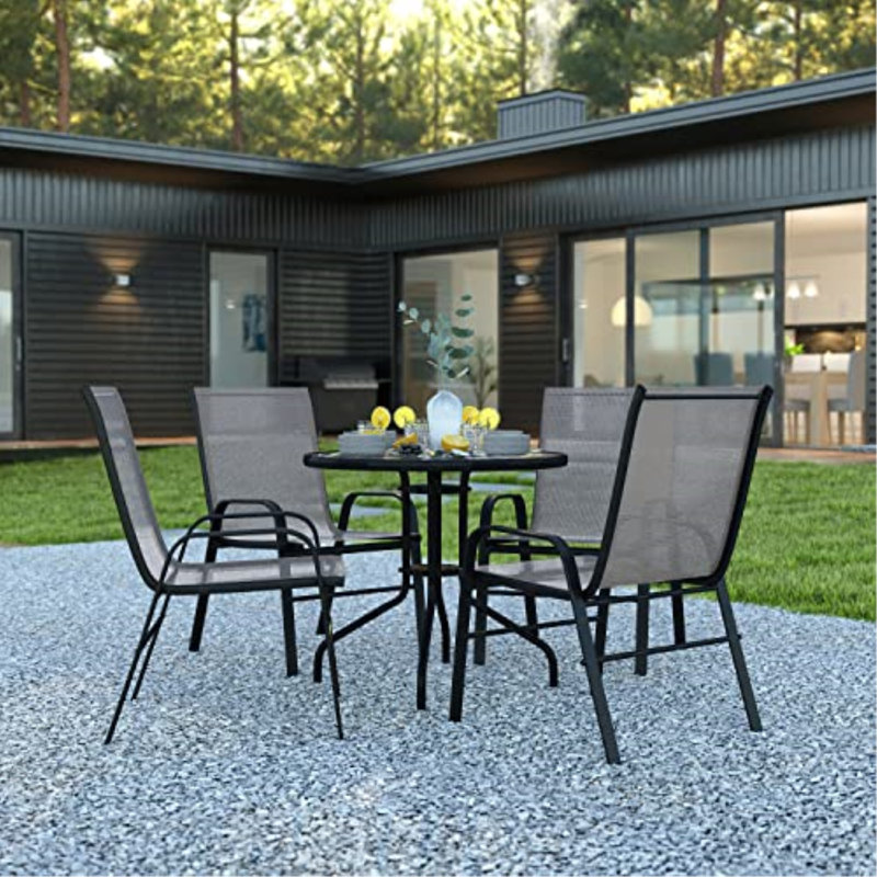 Elgin 5 Piece Patio Dining Set - Glass Table, 4 Flex Stack Chairs, Gray