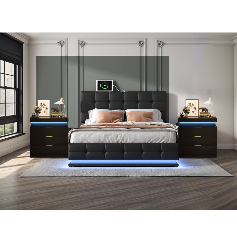 3-Pieces Bedroom Sets PU Storage Bed with LED Lights and USB charger,Nightstands Set of 2  with Charging Station and LED Lights