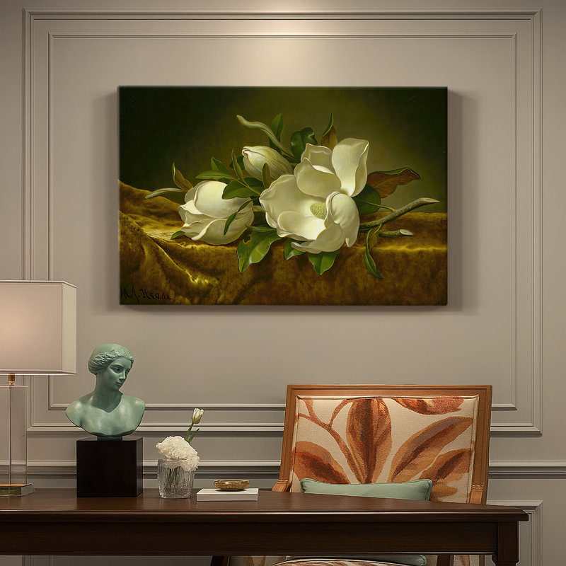 Martin Johnson Heade «Magnolias on Gold Velvet Fabric» - Art mural sur toile tendue de qualité musée, 8 x 12