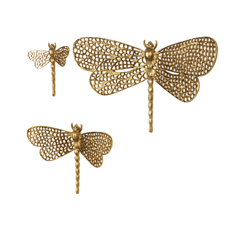 Aluminum Metal Dragonfly Gold Wall Decor with Spotted Cutout Wings Set