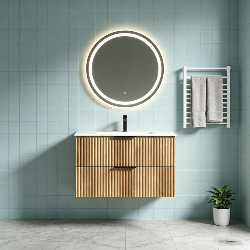 Meuble-lavabo mural 36 po avec panneau cannelé 3D et lavabo intégré en céramique, 36"