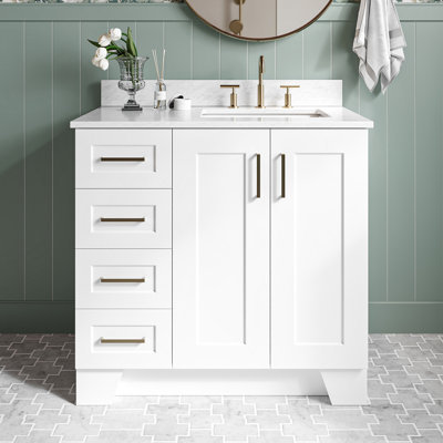 Meuble-lavabo simple en bois massif 37 po Freitas avec plateau en marbre de Carrare 0,75 po Freitas