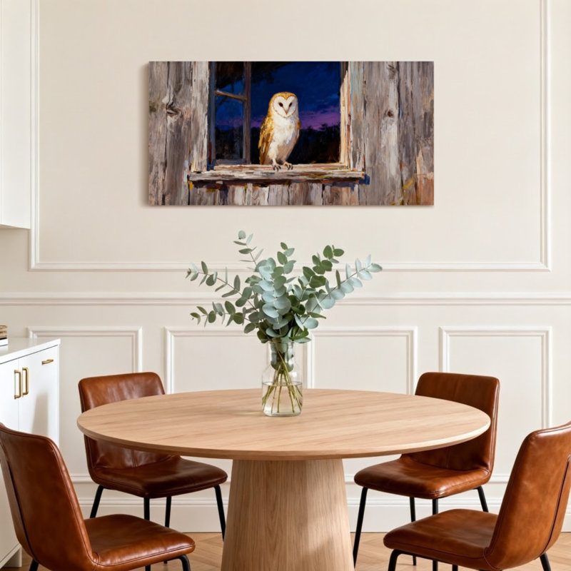 Animaux, hibou, fenêtre, bois rustique, ciel nocturne, H 16 po x l 32 po