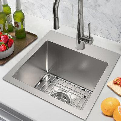 Évier de cuisine à simple cuve en acier inoxydable T304 de calibre 18 avec grille d'évier L 15 po x l 15 po