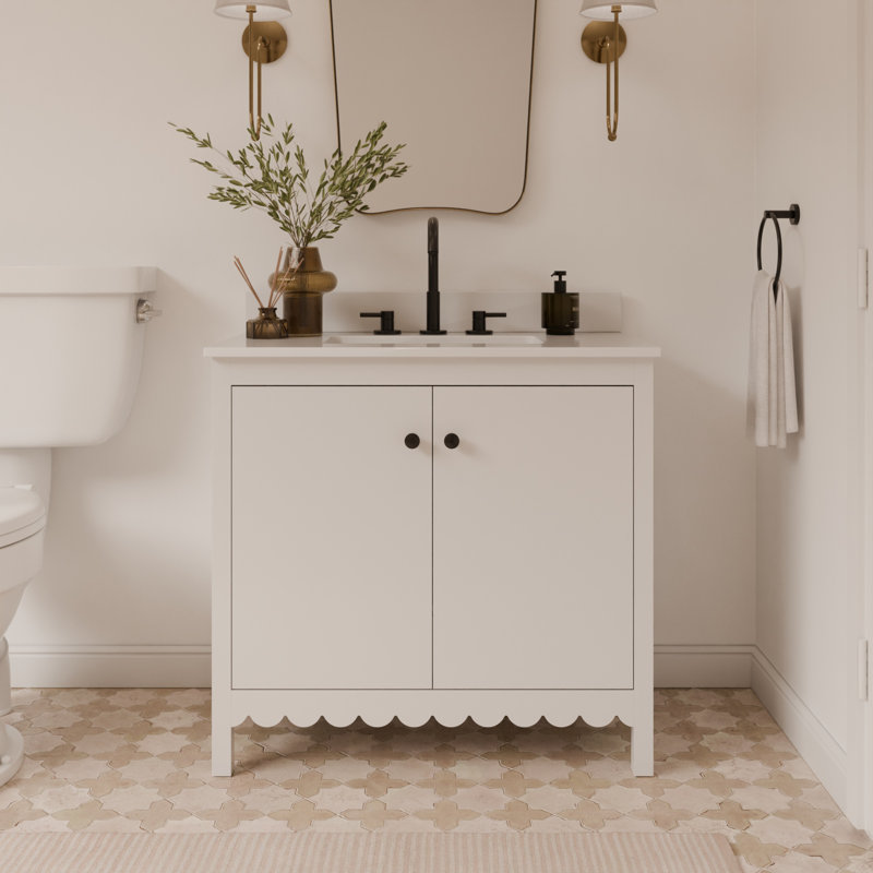Meuble-lavabo simple festonné 36 po - Blanc - Avec comptoir - Boutons noirs, Gris / Noir mat, 36"