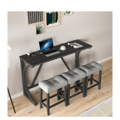 4 Piece Bar Table Set with Power Outlet - Industrial Dining Table & Chairs Set for Living/Dining Room by 17 Stories