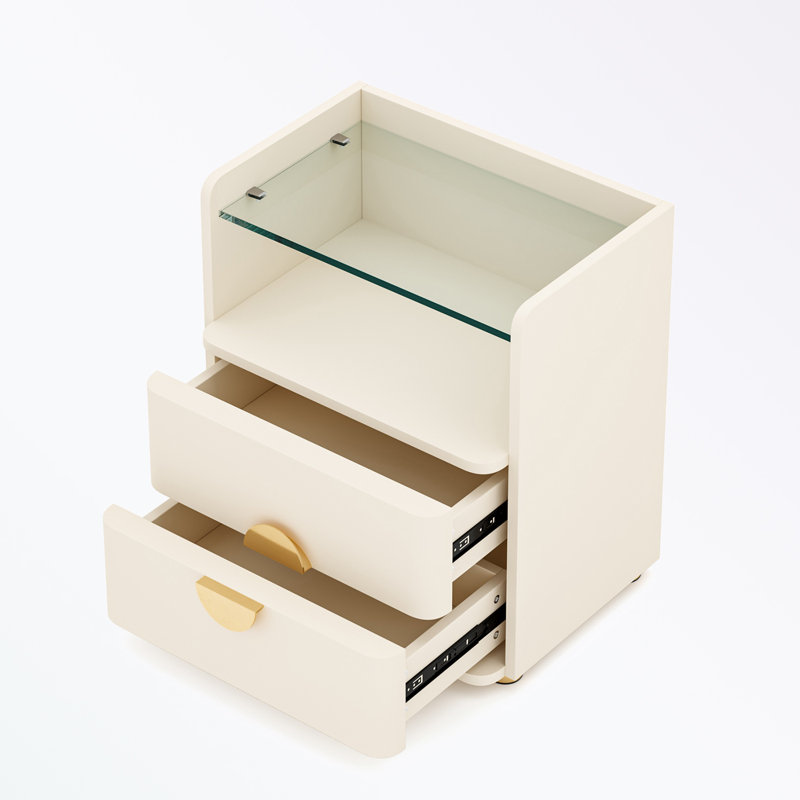 2-Drawer Nightstand with Tempered Glass Top and Open Shelf