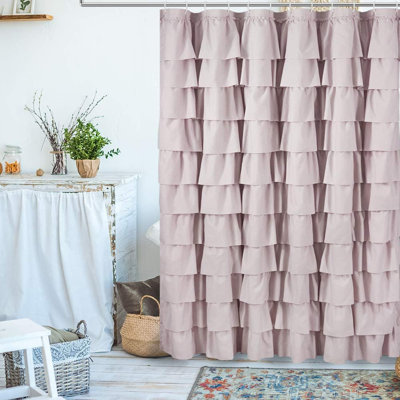 Ruffle Shower Curtain Extra Long Fabric Bathroom Decor With Soft Touch Cloth Texture, Romantic Blush Pink Ruffled Design For Farmhouse And Boho Style