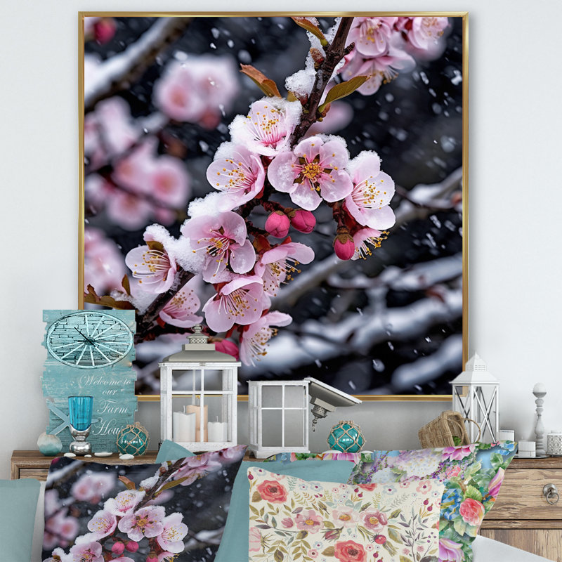 Fleur de cerisier en hiver I, Cadre photo blanc, H 36 po x l 36 po