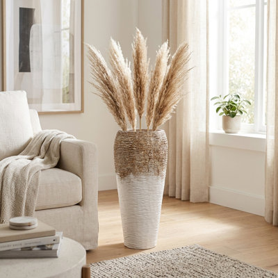 Grand vase cylindrique en terre cuite deux tons pour décoration de salon - vase à fleurs rustique pour l'entrée ou la chambre - brun et blanc