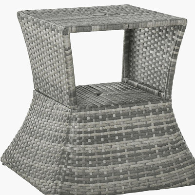 Rattan Wicker Side Table with Umbrella Hole, 2 Tier Storage Shelf for All Weather for Outdoor, Patio, Garden, Backyard, Mixed Grey