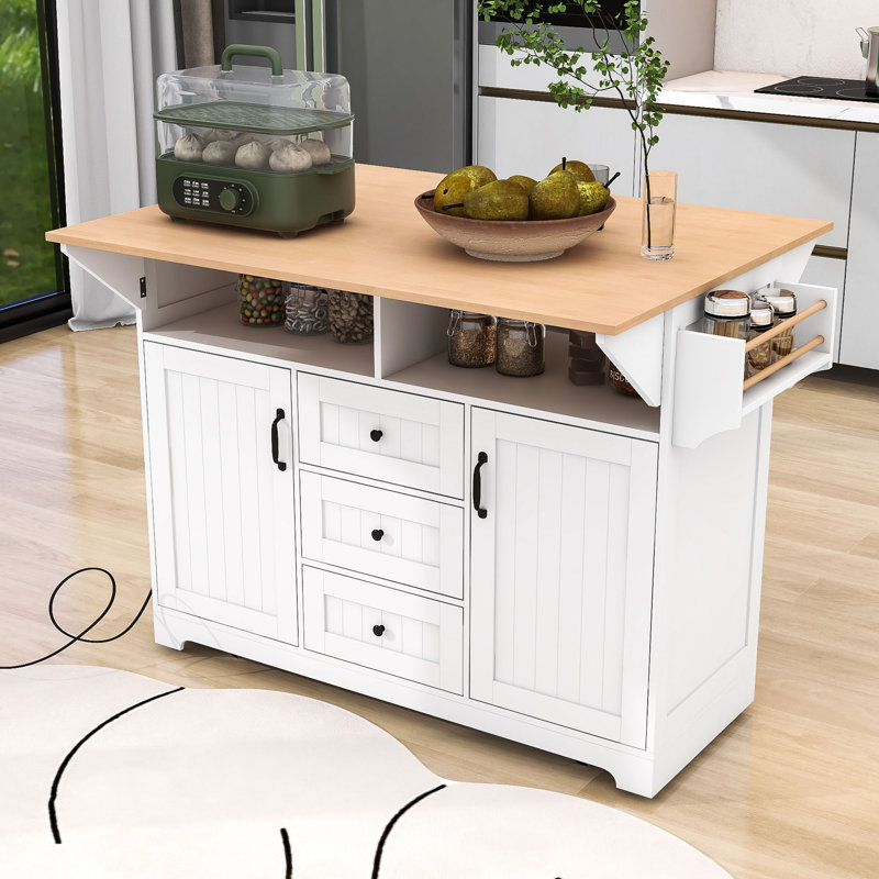 Chinita Versatile Dual Folding Kitchen Island Cart with Storage and Built-in Charging Station, White