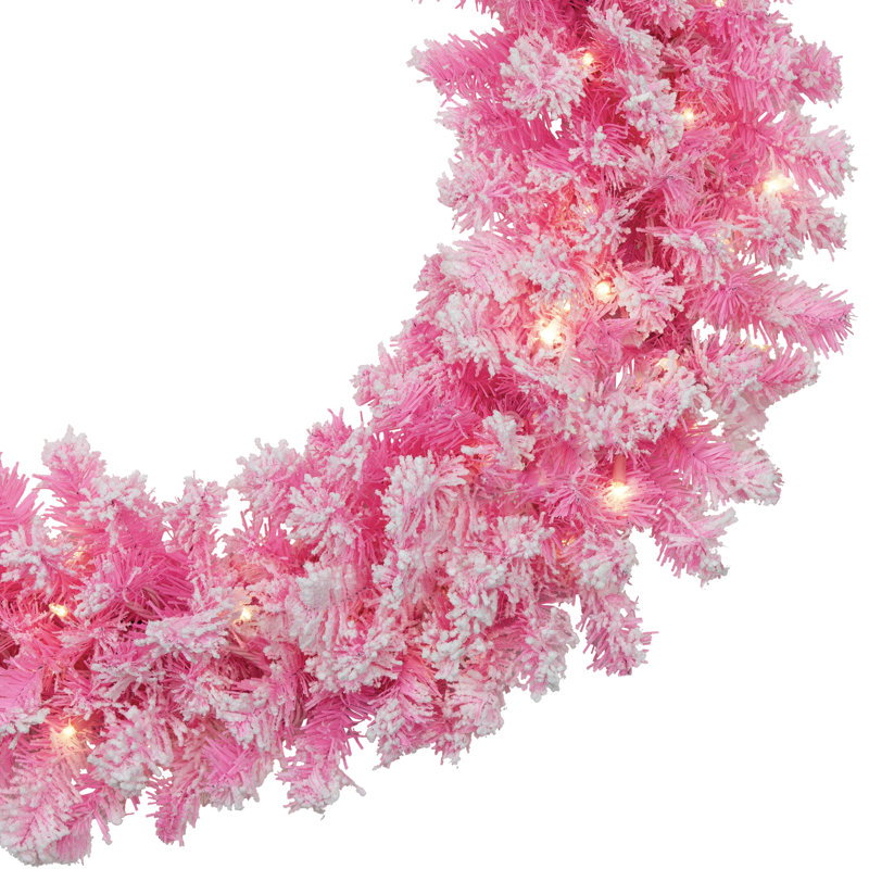 Pre-Lit Flocked Pine Artificial Christmas Wreath - Clear Lights, 36" H x 36" W x 6" D, Pink