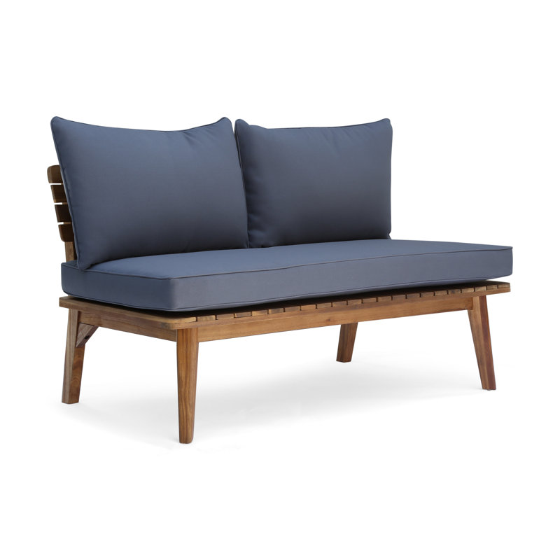  Causeuse d'extérieur avec structure en bois d'acacia et coussins bleu marine, canapé de patio 2 places, gris