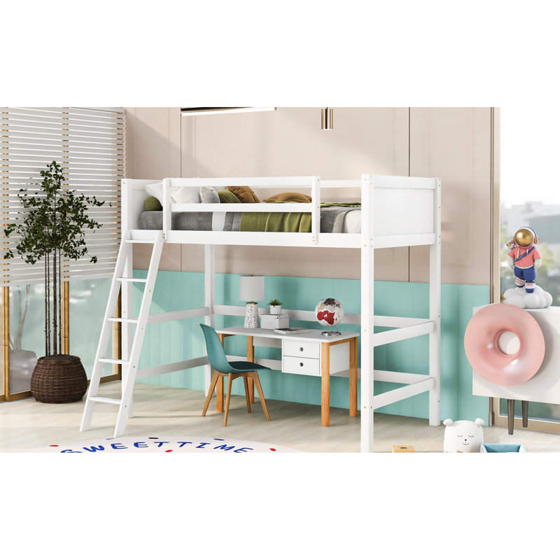 Solid Wood Twin Size Loft Bed In White With . And Build. No Box Spring Or Foundation Needed. 14 Slats For Enhanced Support. Guard Rails . 79.5" X 41.8" 67.5". Assembly Required - White. Construction