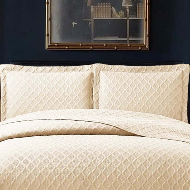 Bedspread Diamond Check Embossed Set with Pillow Shams, Textured All-Season Comfort, Single, Double, King & Super King, Beige