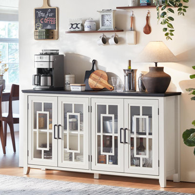 Farmhouse Sideboard Buffet Cabinet with 4 Glass Doors, Adjustable Shelves, Engineered Wood Coffee Bar Console Table