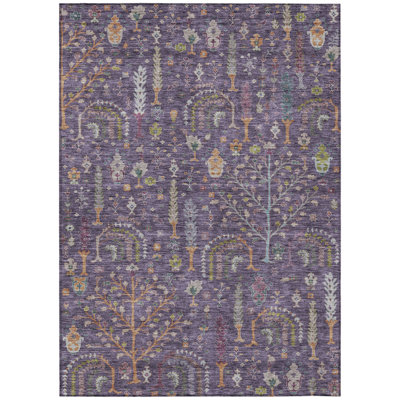 3' X 5' Eggplant Terra Cotta And Green Floral Washable Indoor Outdoor Area Rug