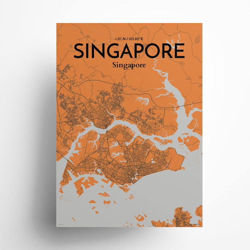 Singapore City Map In Orange - No Frame Print, 27.6cm H x 19.7cm W x 0.05cm D