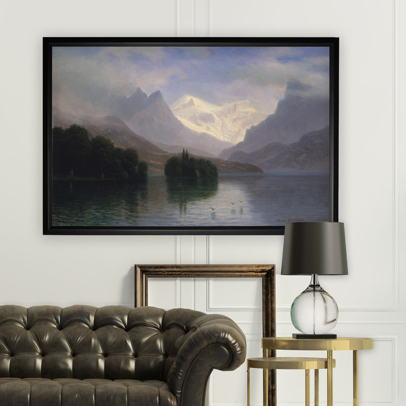 « mountain scene », reproduction de peinture à l’huile, H 27 po x l 39 po x P 2 po, Cadre noir, Pas de tapis