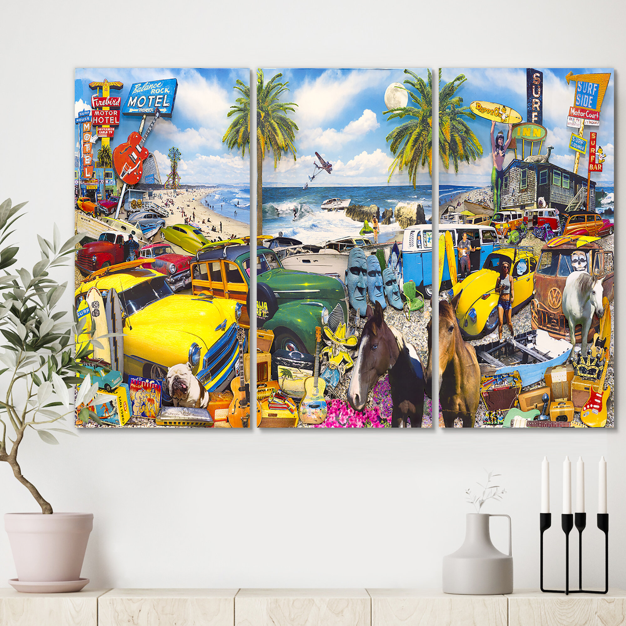 Classic Car Palm Beach Collage Painting Multi Piece Image on Canvas