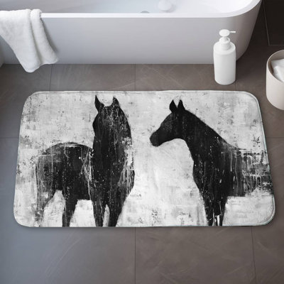 Black and white horses Bath Mat with Non-Slip Backing - Quick Dry Memory Foam Bathroom Rug - Absorbent - Modern Plush Spa-Style - Machine Washable