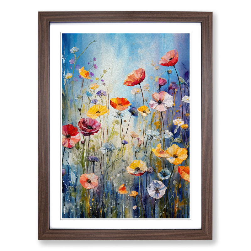 Wildflowers Tachisme Art - Framed Print, 64cm H x 46cm W, Walnut Framed