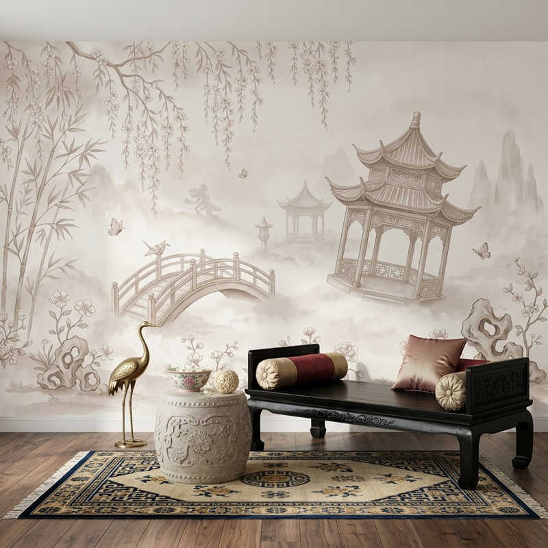 Décoration murale East East Garden Pagoda Pavilion, 140 po x 108 po, Peler et coller