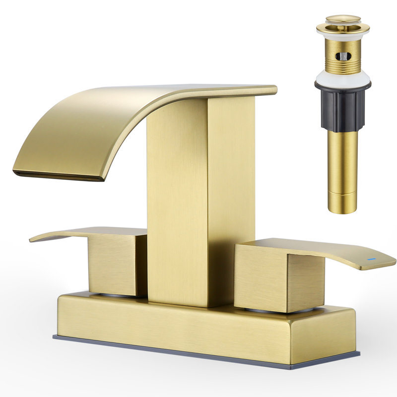 4-inch Centerset Double Handle Waterfall Bathroom Sink Faucet with Drain Kit Included, Brushed Gold