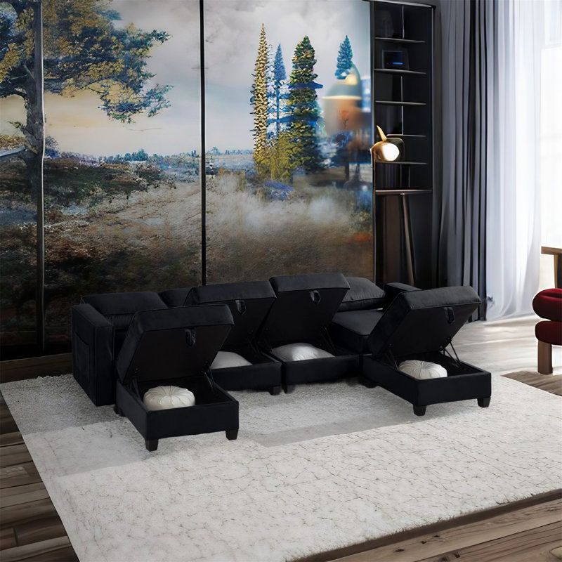Canapé modulaire 6 pièces Pavithra, Velours noir