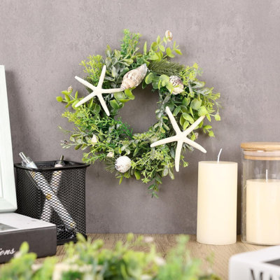 6 Pcs Shell Starfish Swag Wreath Summer Wreaths for Kitchen Cabinet Mini Artificial Rustic Farmhouse Wreaths with Ribbon for Pillar Front Door Porch Wall Window Farmhouse Decoration