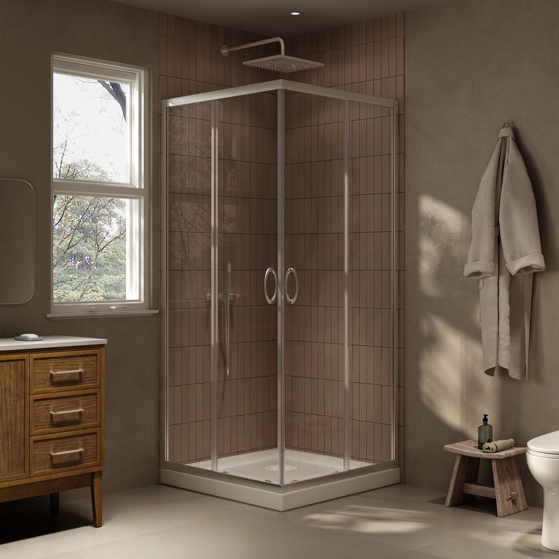 Ensemble de douche d'angle Breeze Square 91,4 cm L x 91,4 cm l x 192,3 cm H, fini nickel satiné, portes coulissantes transparentes et receveur