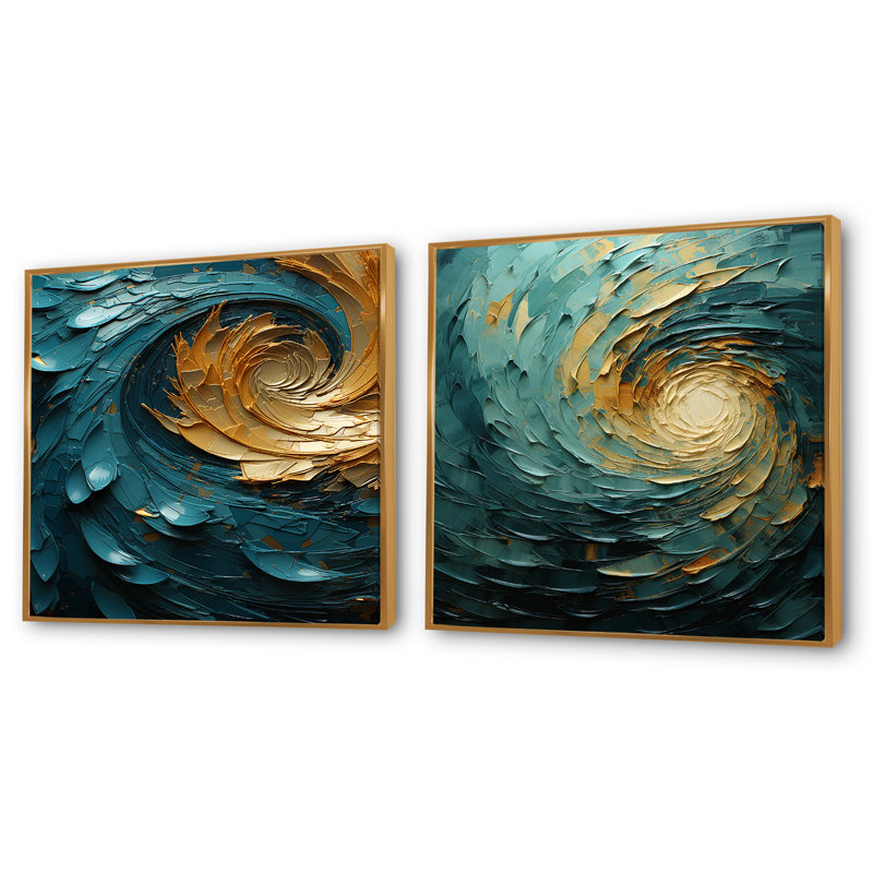 Majestic Motion Teal Spiral - Ensemble de 2 collages carrés abstraits en spirale, Cadre flottant doré, H 36 po x l 73 po