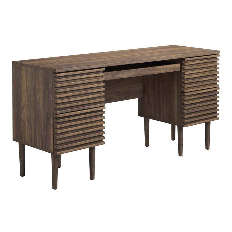 Walnut Mid-Century Modern Office Desk with Drawers and Keyboard Tray