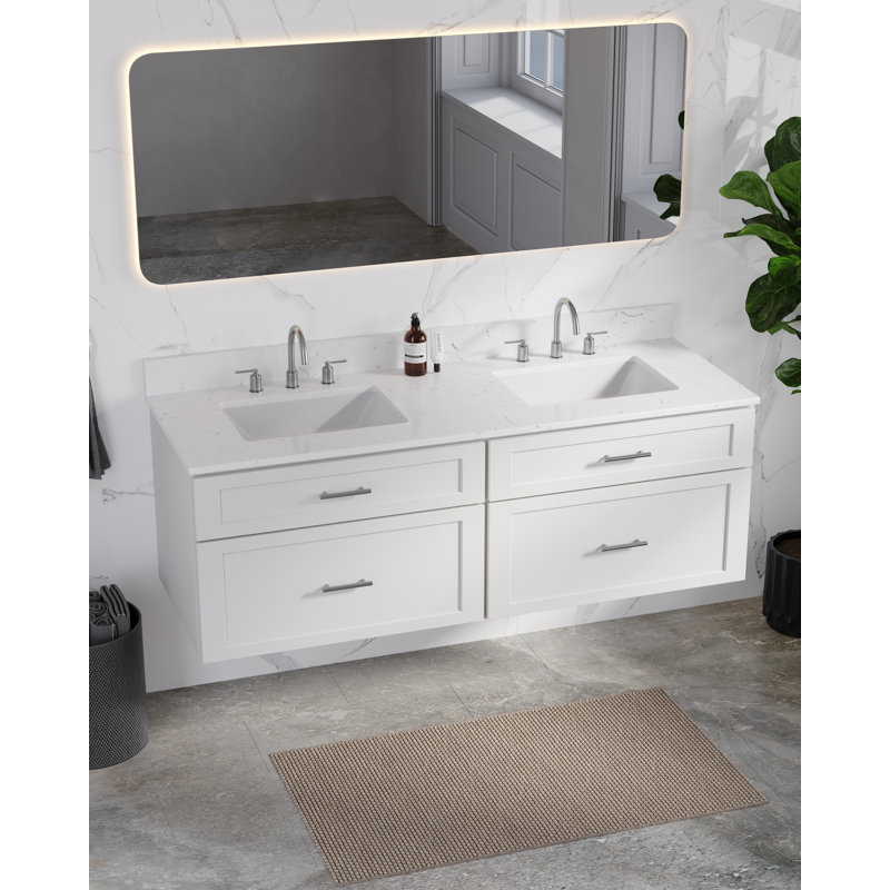 Meuble-lavabo mural flottant double 60 po avec comptoir en quartz Disar, Blanc