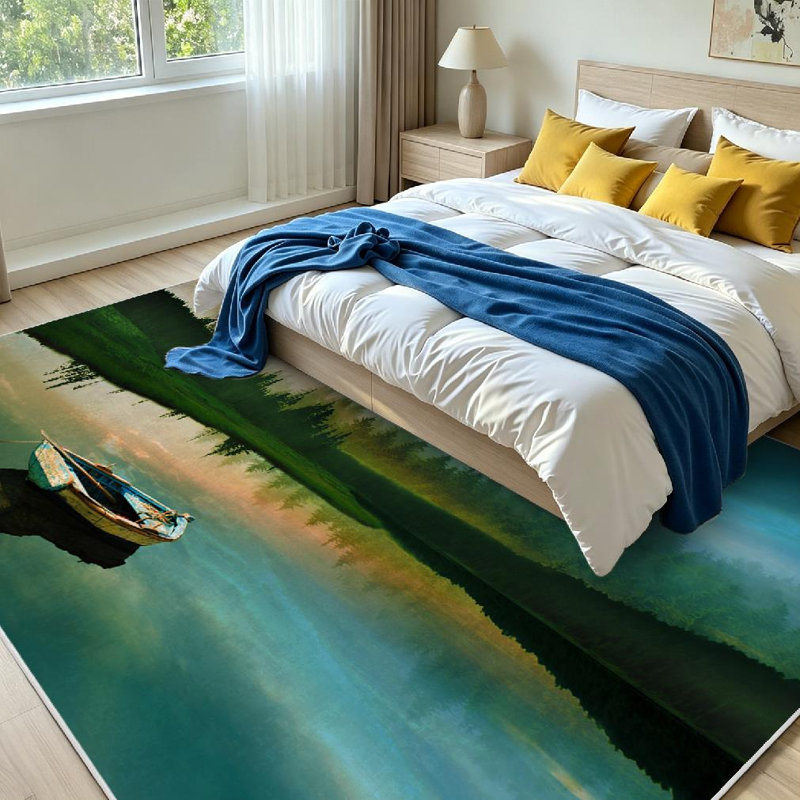 Blue Fishing Boat Calm Lake Landscape Beautiful Machine Washable Indoor Area Rug, Rectangle 79" x 118"