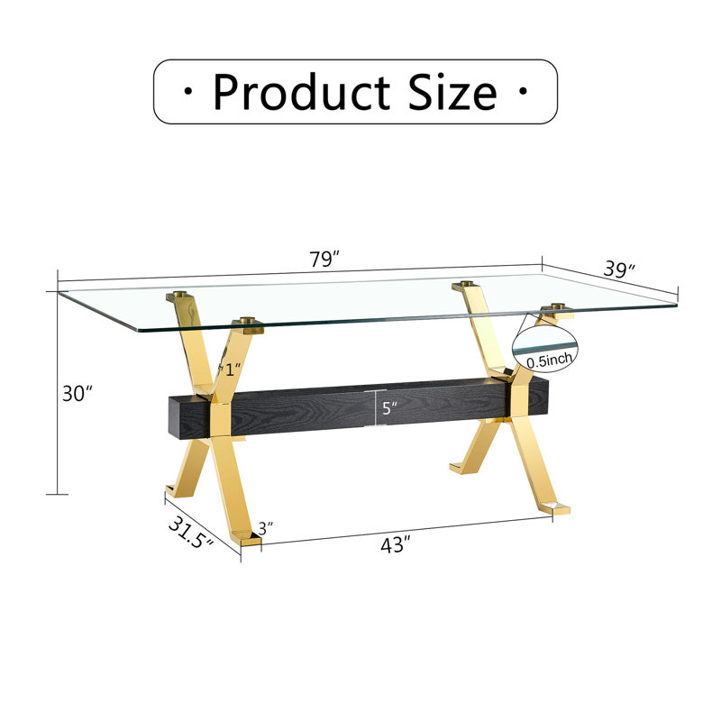 Large Table With Tempered Glass Surface, Crossbar And Metal Legs For Office Desk