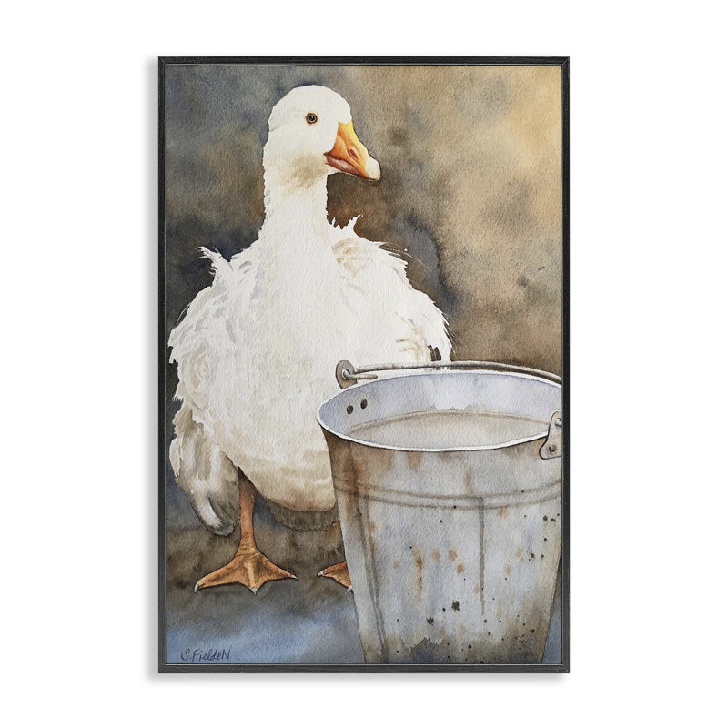 Giclée encadrée Duck & Country Pail, design par Stephanie Fielden, H 18 po x l 12 po, Giclée encadrée noir minuit