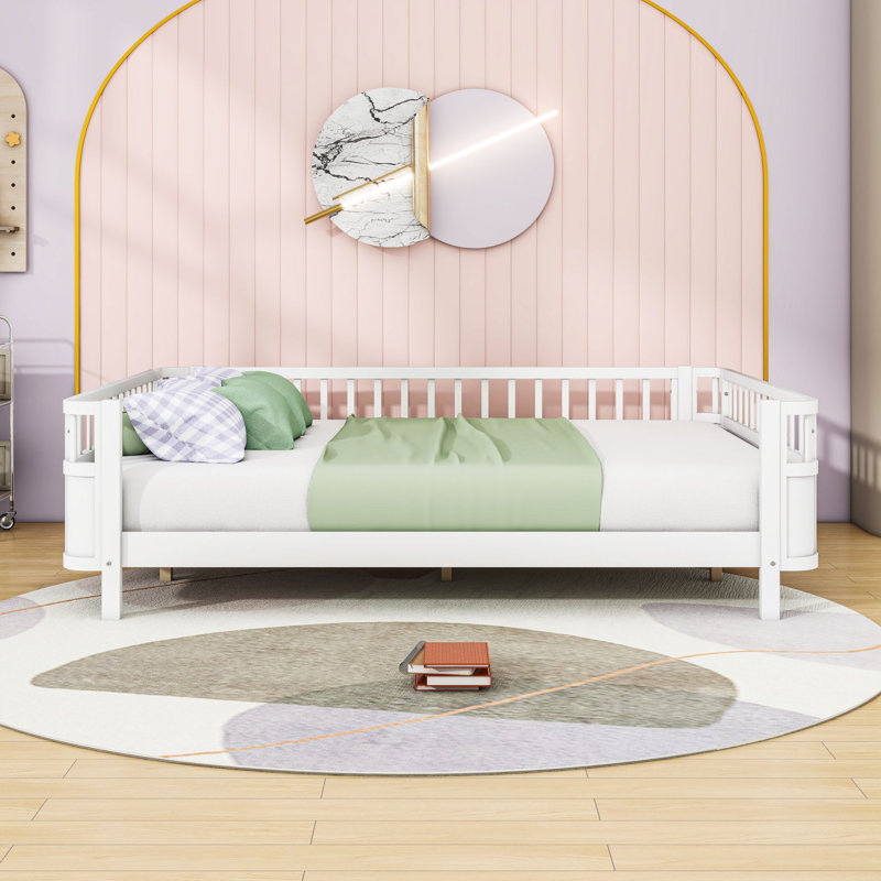 Wood Platform Bed with Safety Rails, White