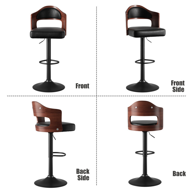 Modern Black Microsuede Upholstered Metal Frame Swivel and Height Adjustable Bar Stools Set of 2, Black