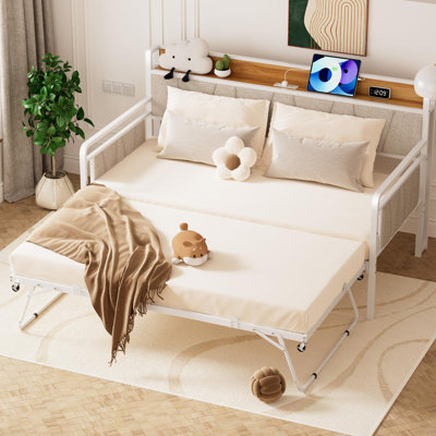 Twin Size Daybed with Trundle,Sturdy Metal Bed Frame with Upholstered Headboard for Living Room, Bedroom, Studio Apartment